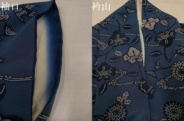 平和屋着物●本藍　型絵染　小紋　花鳥文　鬼しぼ縮緬　正絹　逸品　AABK2247ph