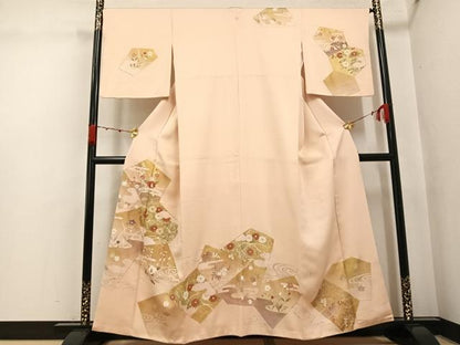 平和屋着物●訪問着　駒刺繍　葡萄草花文　金彩　正絹　逸品　AABK2256ph