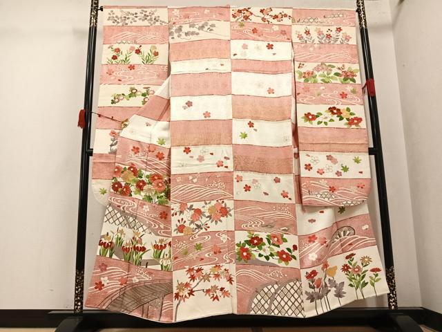 平和屋着物●豪華振袖　駒刺繍　渡り橋草花文　金彩　正絹　逸品　AABK2260ph
