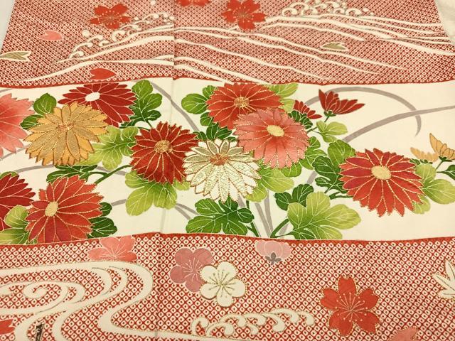 平和屋着物●豪華振袖　駒刺繍　渡り橋草花文　金彩　正絹　逸品　AABK2260ph