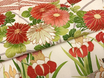 平和屋着物●豪華振袖　駒刺繍　渡り橋草花文　金彩　正絹　逸品　AABK2260ph