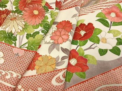 平和屋着物●豪華振袖　駒刺繍　渡り橋草花文　金彩　正絹　逸品　AABK2260ph