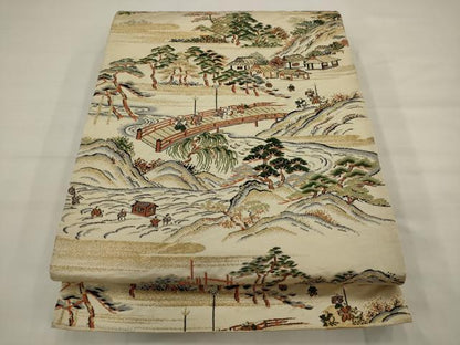 平和屋着物◎六通柄袋帯　唐織　風景文　金糸　正絹　逸品　AABK2281pf