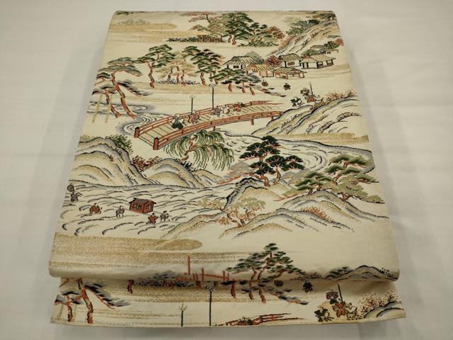 平和屋着物◎六通柄袋帯　唐織　風景文　金糸　正絹　逸品　AABK2281pf