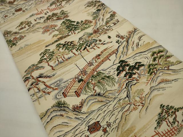 平和屋着物◎六通柄袋帯　唐織　風景文　金糸　正絹　逸品　AABK2281pf