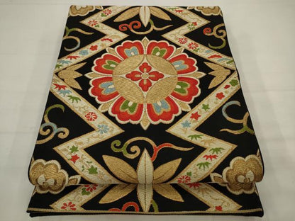 平和屋着物◎六通柄袋帯　唐織　松皮菱花文　黒地　金糸　正絹　逸品　AABK2284pf
