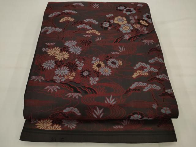 平和屋着物◎全通柄袋帯　唐織　流水花文　正絹　逸品　AABK2285pf