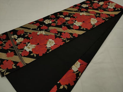 平和屋着物◎六通柄　京本袋帯　唐織　舞花文　薔薇　黒地　金糸　正絹　逸品　AABK2286pf