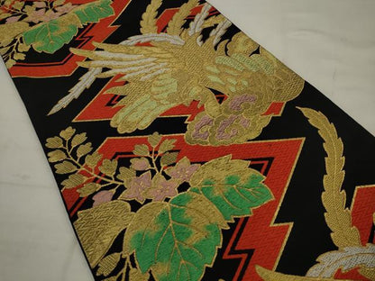 平和屋着物◎六通柄袋帯　唐織　松皮菱鳳凰花文　黒地　金糸　AABK2287pf
