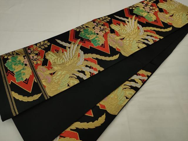 平和屋着物◎六通柄袋帯　唐織　松皮菱鳳凰花文　黒地　金糸　AABK2287pf
