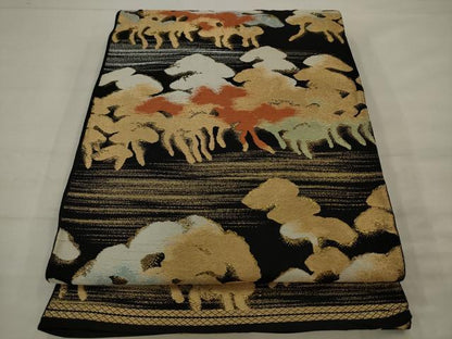 平和屋着物◎西陣　服部織物謹製　六通柄　本袋帯　白鳥錦　風景文　黒地　金糸　正絹　逸品　AABK2288pf