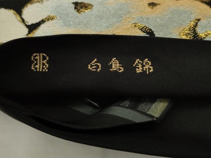 平和屋着物◎西陣　服部織物謹製　六通柄　本袋帯　白鳥錦　風景文　黒地　金糸　正絹　逸品　AABK2288pf