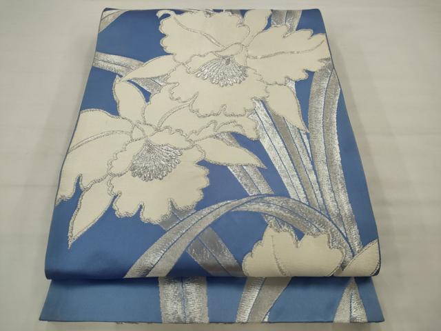 平和屋着物◎六通柄袋帯　草花文　銀糸　正絹　逸品　AABK2290pf