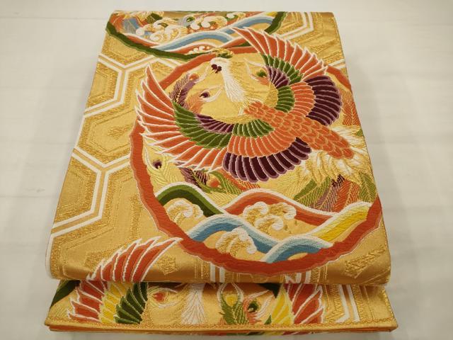平和屋着物◎六通柄袋帯　唐織　立波鳳凰文　金糸　正絹　逸品　AABK2294pf