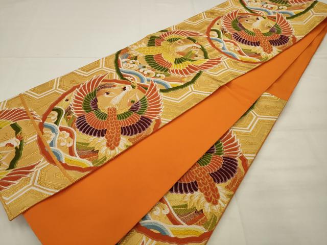 平和屋着物◎六通柄袋帯　唐織　立波鳳凰文　金糸　正絹　逸品　AABK2294pf