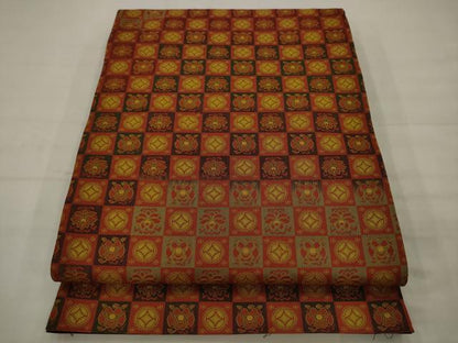平和屋着物◎全通柄袋帯　市松花文　正絹　逸品　AABK2295pf