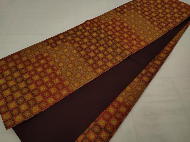 平和屋着物◎全通柄袋帯　市松花文　正絹　逸品　AABK2295pf