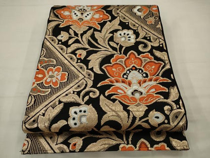 平和屋着物◎六通柄京袋帯　唐織　更紗花文　黒地　金糸　正絹　逸品　AABK2303pf