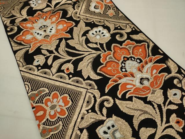 平和屋着物◎六通柄京袋帯　唐織　更紗花文　黒地　金糸　正絹　逸品　AABK2303pf