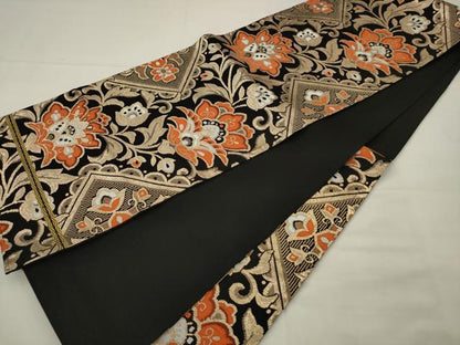 平和屋着物◎六通柄京袋帯　唐織　更紗花文　黒地　金糸　正絹　逸品　AABK2303pf