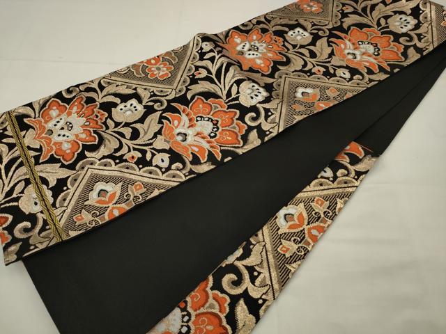平和屋着物◎六通柄京袋帯　唐織　更紗花文　黒地　金糸　正絹　逸品　AABK2303pf