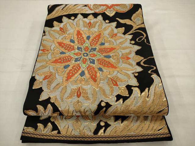 平和屋着物◎六通柄　本袋帯　唐織　飾花文　黒地　金銀糸　正絹　逸品　AABK2304pf