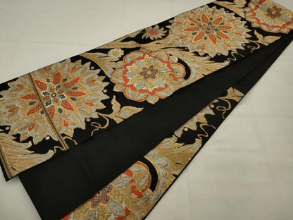 平和屋着物◎六通柄　本袋帯　唐織　飾花文　黒地　金銀糸　正絹　逸品　AABK2304pf