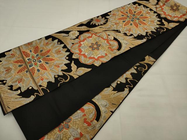 平和屋着物◎六通柄　本袋帯　唐織　飾花文　黒地　金銀糸　正絹　逸品　AABK2304pf