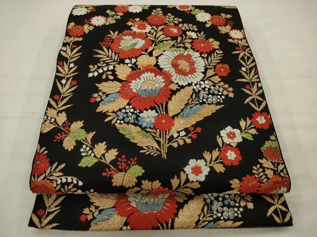 平和屋着物◎六通柄京袋帯　唐織　花束文　金糸　正絹　逸品　AABK2305pf