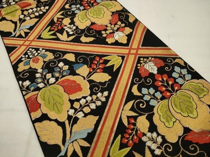 平和屋着物◎六通柄　本袋帯　花菱文　桐　黒地　金糸　正絹　逸品　AABK2306pf