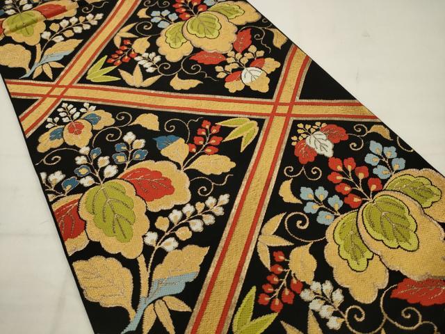 平和屋着物◎六通柄　本袋帯　花菱文　桐　黒地　金糸　正絹　逸品　AABK2306pf
