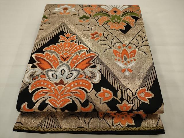 平和屋-こころ店□総刺繍 袋帯 更紗花鳥文 金通し地 正絹 逸品 B