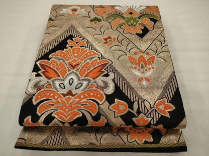 平和屋着物◎六通柄京袋帯　更紗花文　黒地　金糸　正絹　逸品　AABK2307pf