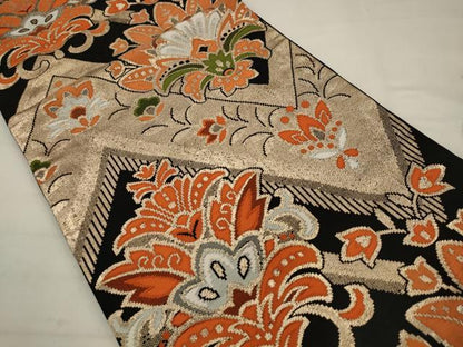 平和屋着物◎六通柄京袋帯　更紗花文　黒地　金糸　正絹　逸品　AABK2307pf