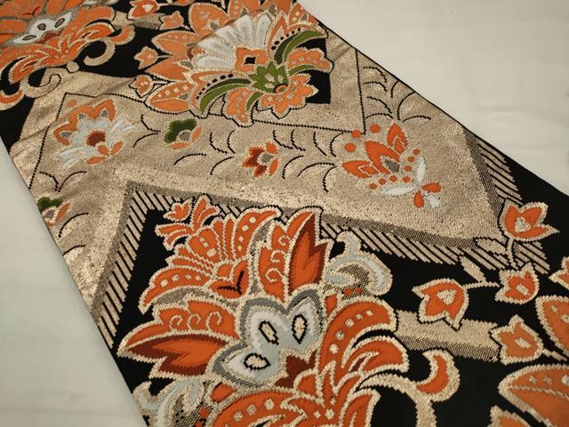 平和屋着物◎六通柄京袋帯　更紗花文　黒地　金糸　正絹　逸品　AABK2307pf