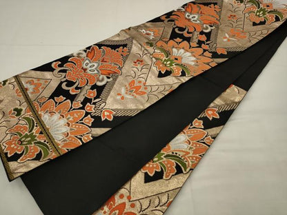 平和屋着物◎六通柄京袋帯　更紗花文　黒地　金糸　正絹　逸品　AABK2307pf