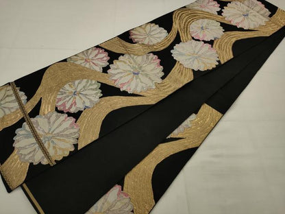 平和屋着物◎六通柄袋帯　流水花文　黒地　金糸　正絹　逸品　AABK2308pf