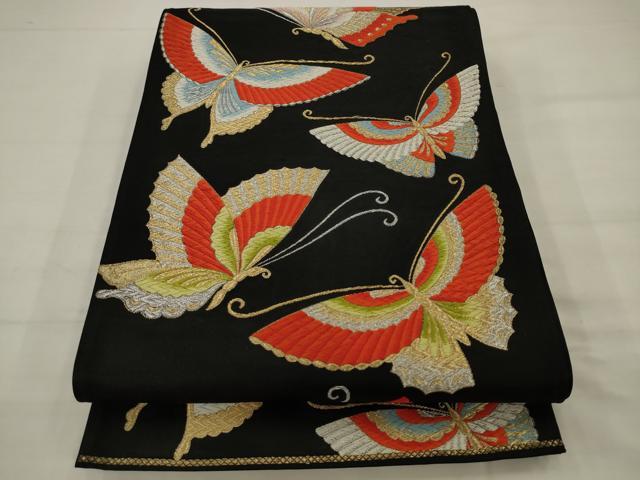 平和屋着物◎六通柄袋帯　唐織　舞蝶文　黒地　金銀糸　正絹　逸品　AABK2309pf
