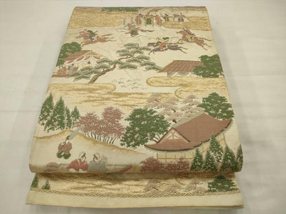 平和屋着物◎六通柄袋帯　唐織　人物風景文　金糸　正絹　逸品　AABK2311pf