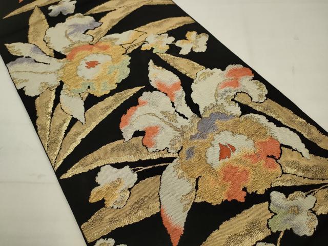 平和屋着物◎西陣　服部織物謹製　六通柄　本袋帯　カトレヤ文様　黒地　金銀糸　正絹　逸品　AABK2312pf