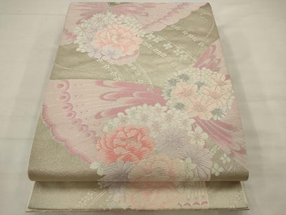平和屋着物◎六通柄袋帯　唐織　花蝶文　銀糸　正絹　逸品　AABK2314pf