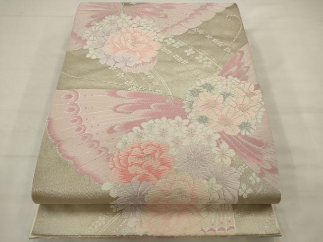 平和屋着物◎六通柄袋帯　唐織　花蝶文　銀糸　正絹　逸品　AABK2314pf