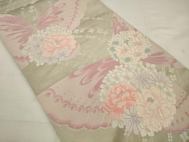 平和屋着物◎六通柄袋帯　唐織　花蝶文　銀糸　正絹　逸品　AABK2314pf