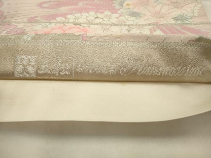 平和屋着物◎六通柄袋帯　唐織　花蝶文　銀糸　正絹　逸品　AABK2314pf