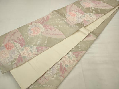 平和屋着物◎六通柄袋帯　唐織　花蝶文　銀糸　正絹　逸品　AABK2314pf