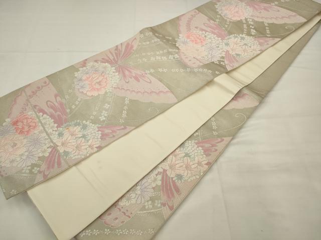 平和屋着物◎六通柄袋帯　唐織　花蝶文　銀糸　正絹　逸品　AABK2314pf