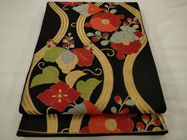 平和屋着物◎六通柄袋帯　唐織　立涌花文　黒地　金糸　正絹　逸品　AABK2315pf