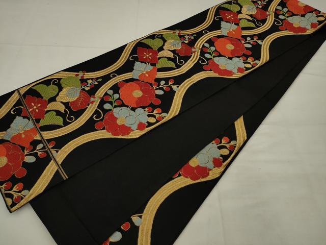 平和屋着物◎六通柄袋帯　唐織　立涌花文　黒地　金糸　正絹　逸品　AABK2315pf
