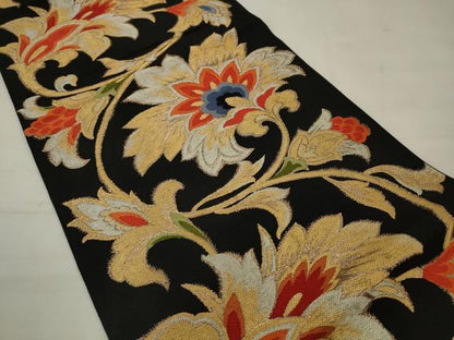 平和屋着物◎六通柄袋帯　唐織　更紗花文　黒地　金糸　正絹　逸品　AABK2316pf