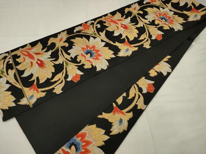 平和屋着物◎六通柄袋帯　唐織　更紗花文　黒地　金糸　正絹　逸品　AABK2316pf